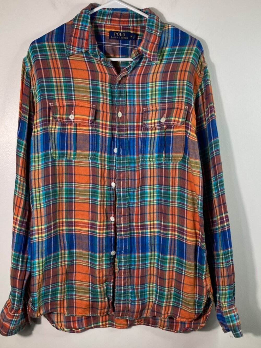 Mens Polo Ralph Lauren Plaid Linen Flannel Button Shirt M Elbow Patches